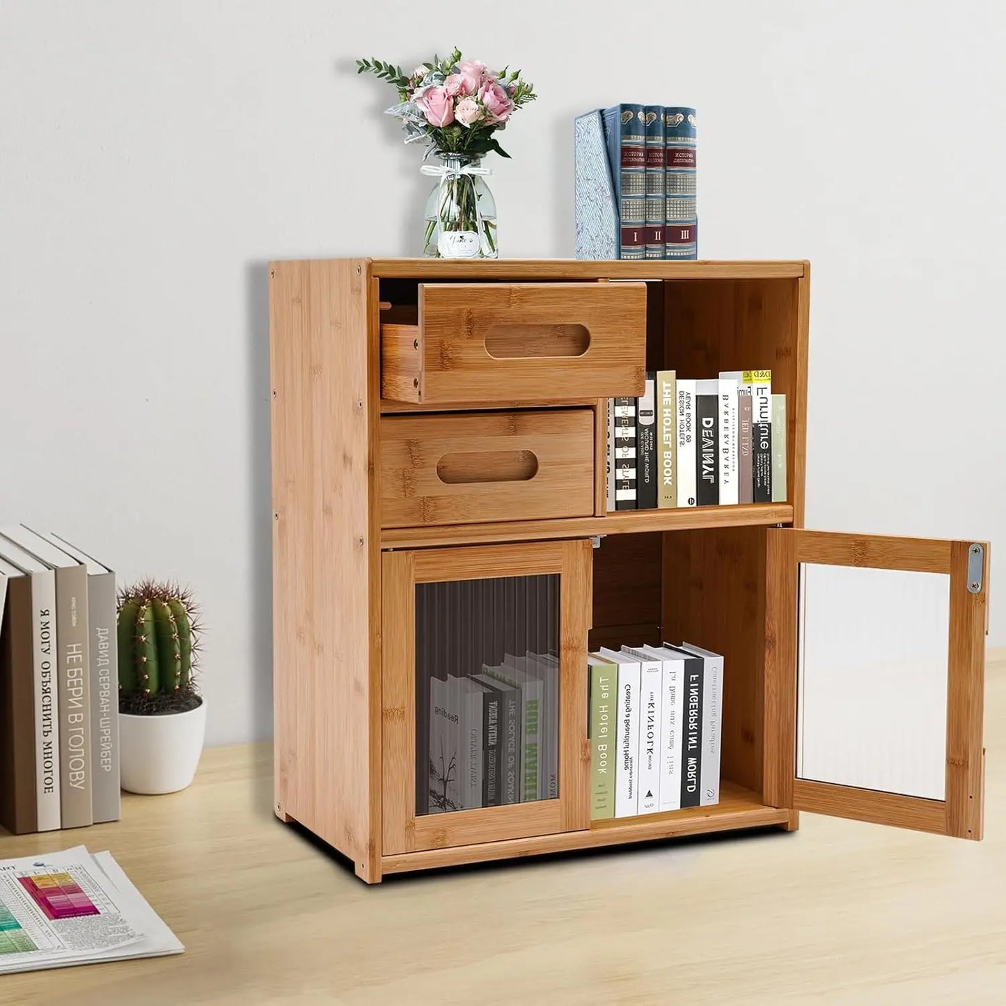 Bymaocar Bamboo Kitchen Pantry Cabinet Bread Box With 2 Drawers