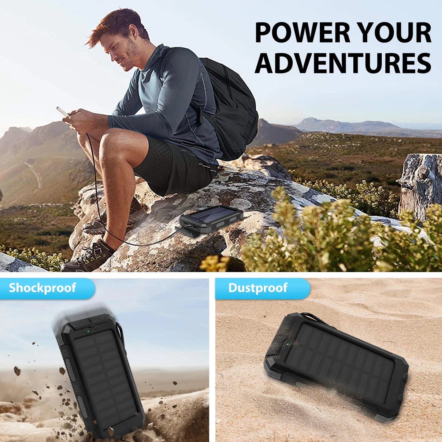 30000mAh Solar Power Bank With Dual USB Ports And LED Light For iPhone
