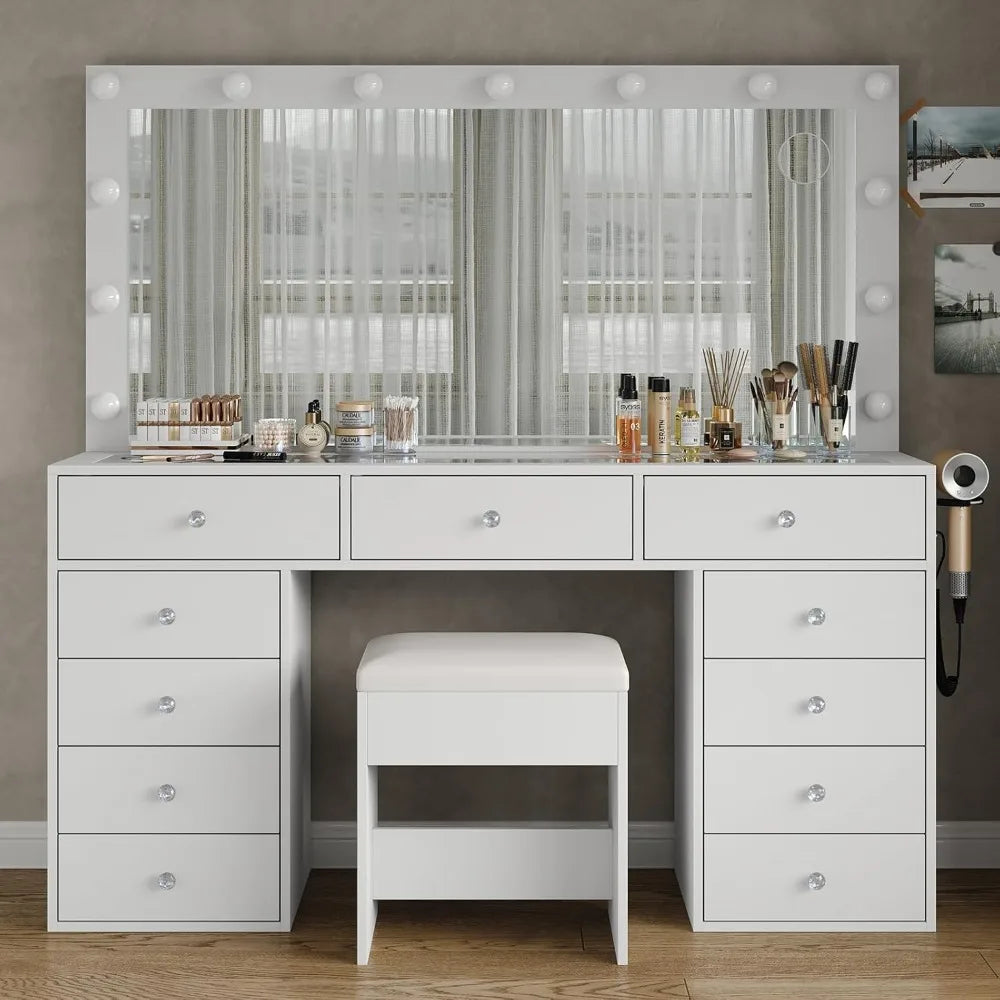 11-Drawer Makeup Vanity Desk With Charging Station And LED Mirror