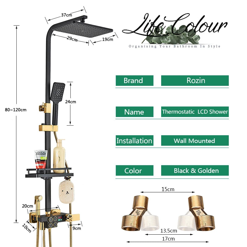 Rozin Thermostatic Shower Faucet Set Wall Mounted Digital Mixer Rainfall Bidet