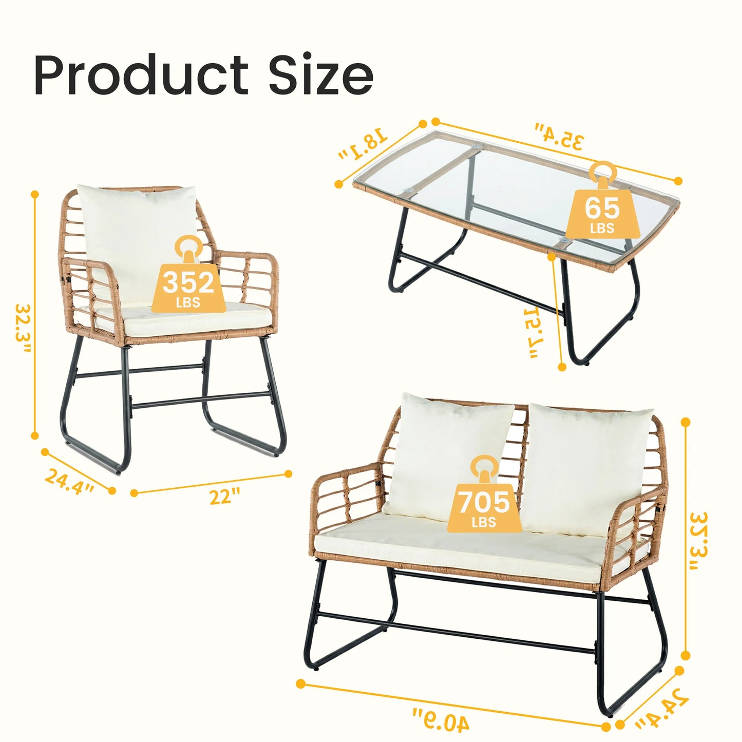 JHK Outdoor Wicker Patio Set 4-Piece With Glass Table