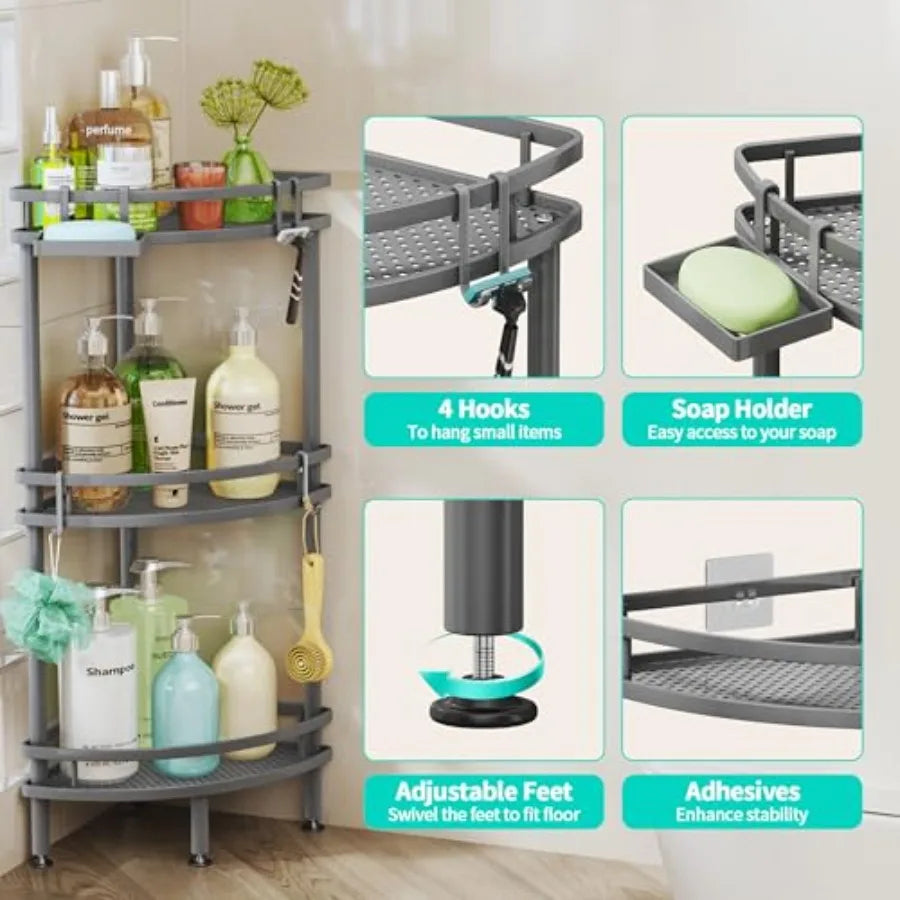 Standing Corner Shower Caddy Organizer with Soap Holder and Hooks
