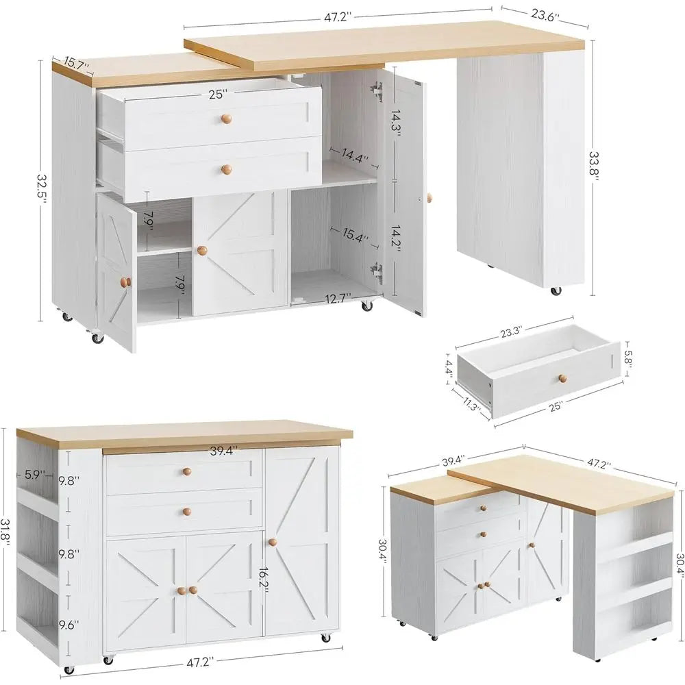 Swivel Rolling Kitchen Island Cart With Storage And Spice Rack