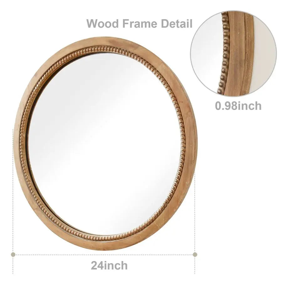 Round Wood Mirror With Rustic Farmhouse Natural Wood Frame