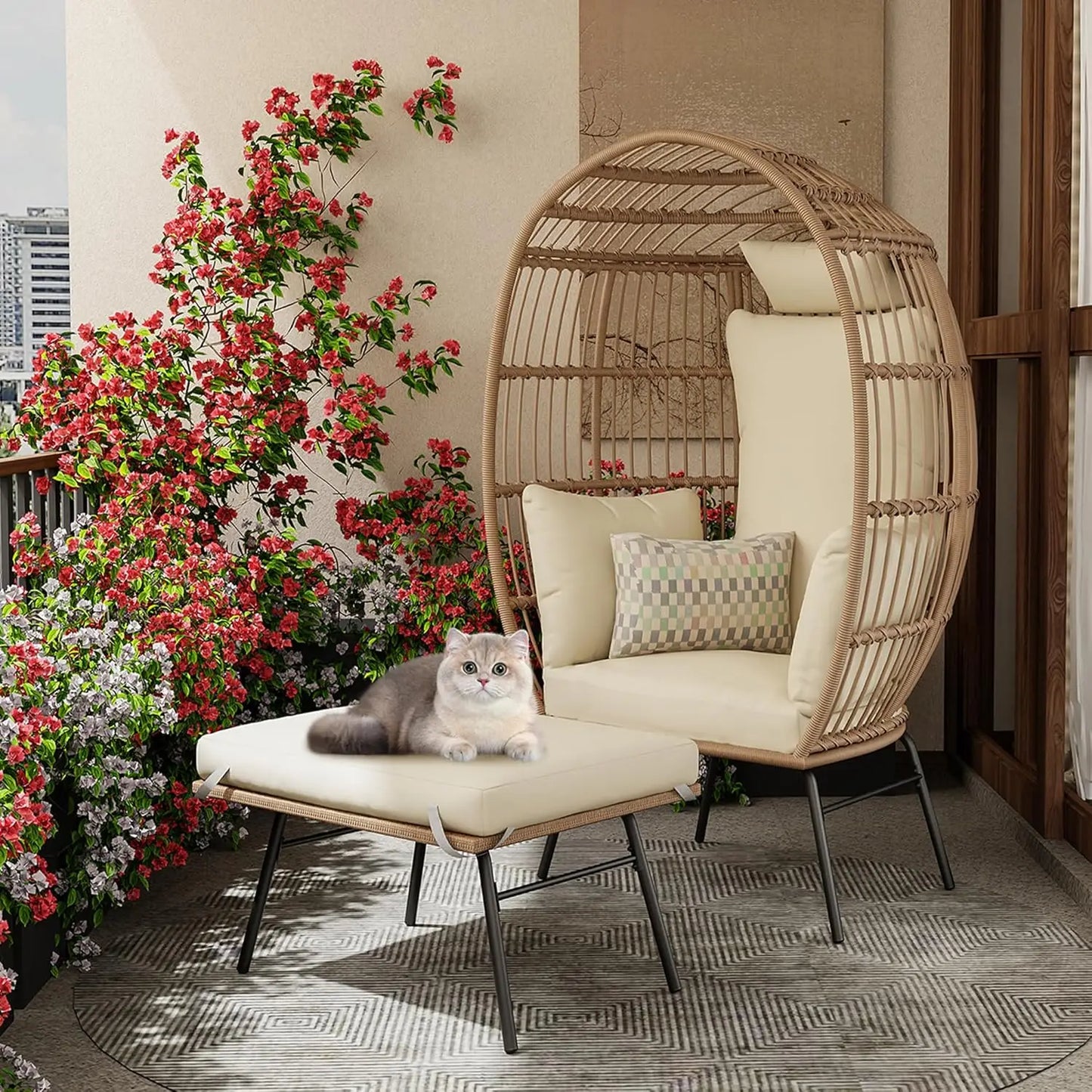 Wicker Egg Chair With Ottoman Outdoor Patio Lounge Cushions