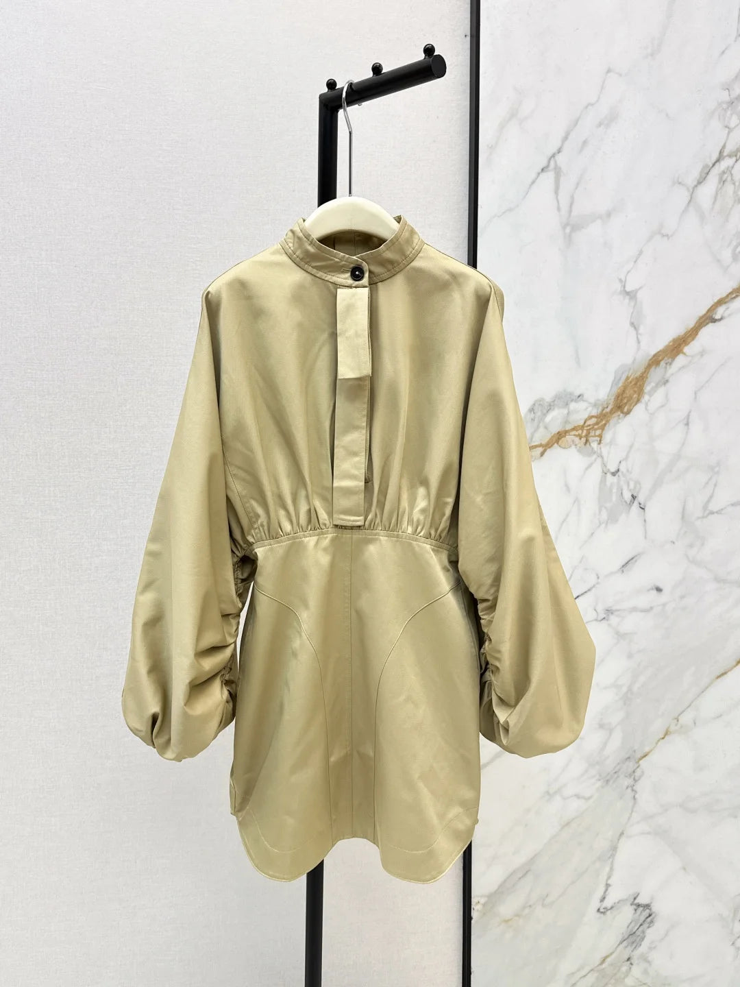 Women Long Sleeve Stand Collar Pleated Waist Cotton Zipper Dress
