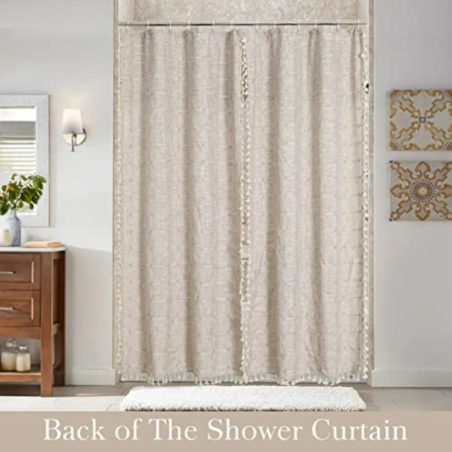 Boho Double Swag Shower Curtain Polyester Linen Farmhouse Bathroom Decor