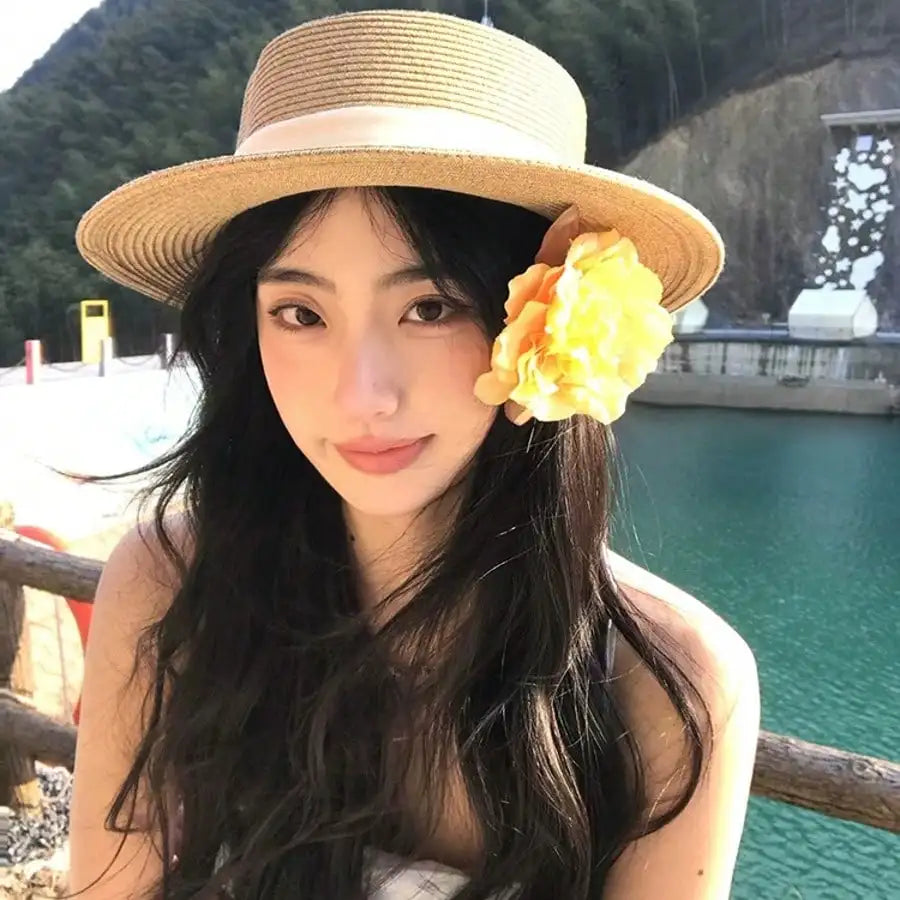 Women Straw French Chic Boater Sun Hat For Outdoor Summer