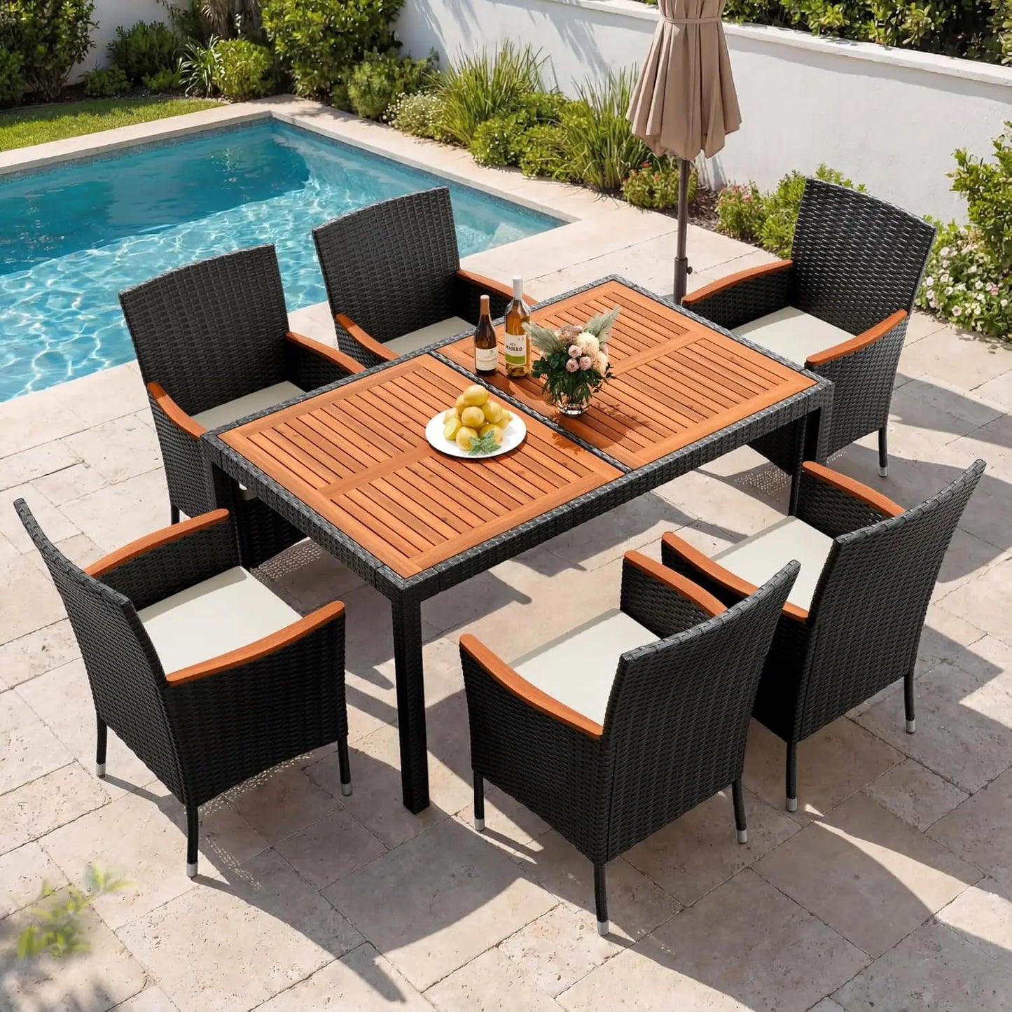 Dining 7 Piece Patio Conversation Set With Acacia Wood Tabletop