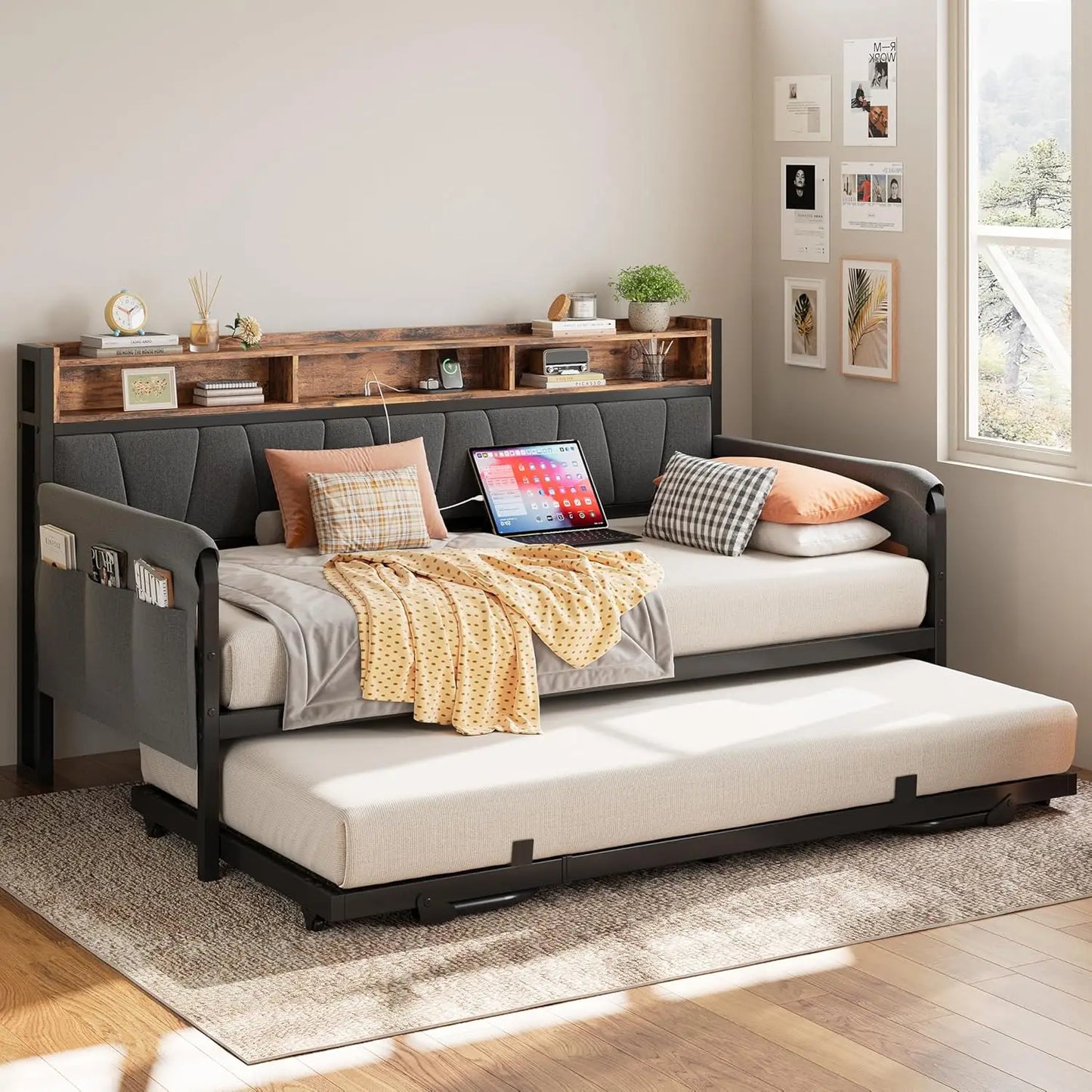 LIKIMIO Daybed Trundle Twin Bed Frame Upholstered Headboard And Charging