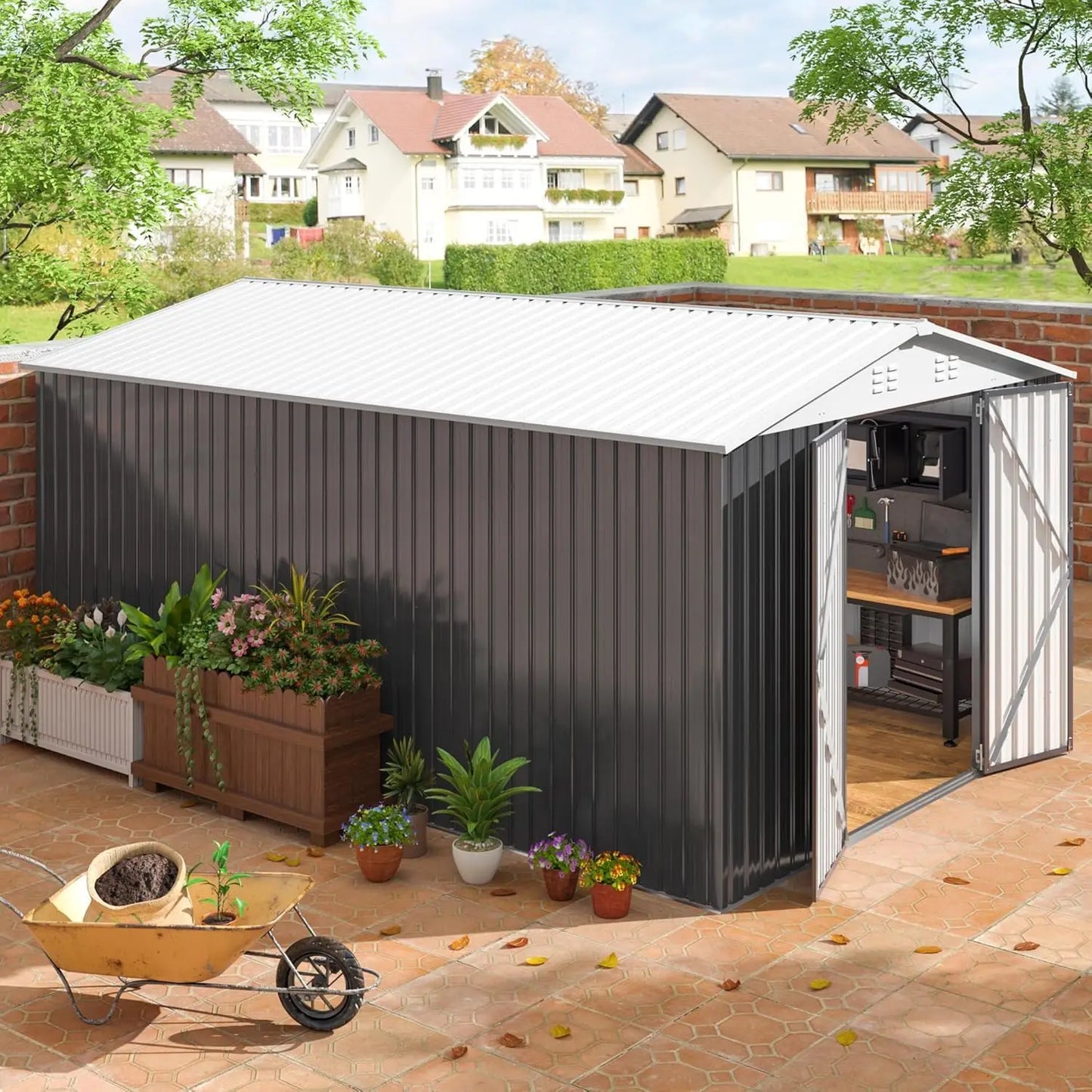 Outdoor Metal Storage Shed With Lockable Doors And Upgraded Frame