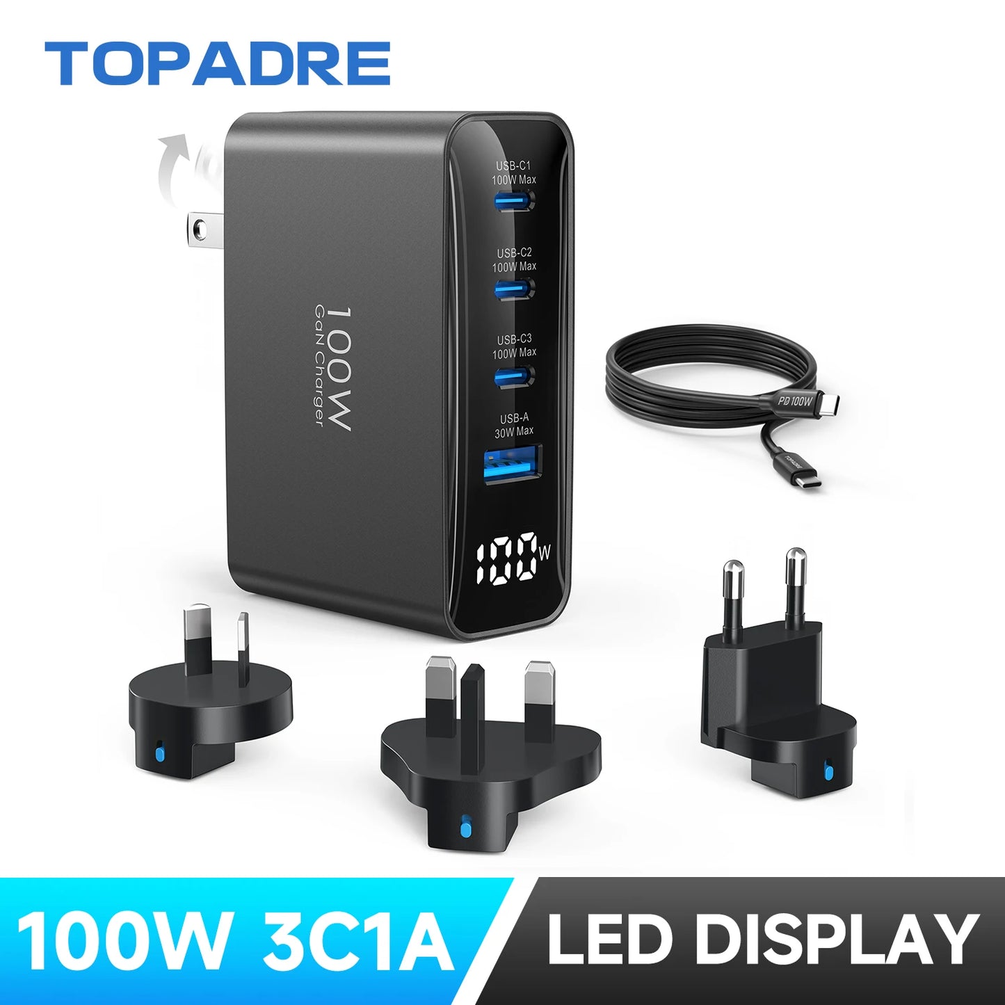 TOPADRE 100W USB-C Travel Charger 4-Port Foldable Adapter