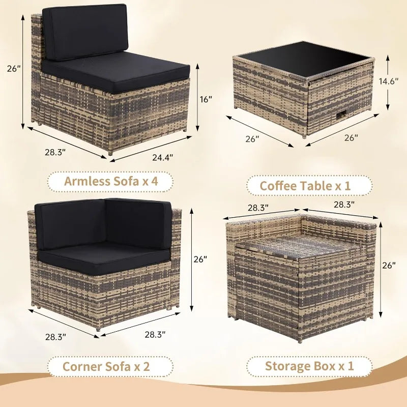 Outdoor Wicker Patio Sectional Set With Hidden Storage Glass Table