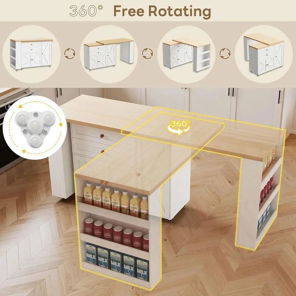 Swivel Rolling Kitchen Island Cart With Storage And Spice Rack