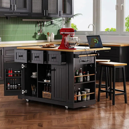 Rolling Kitchen Island With Power Outlet And Drop Leaf Storage Cabinet