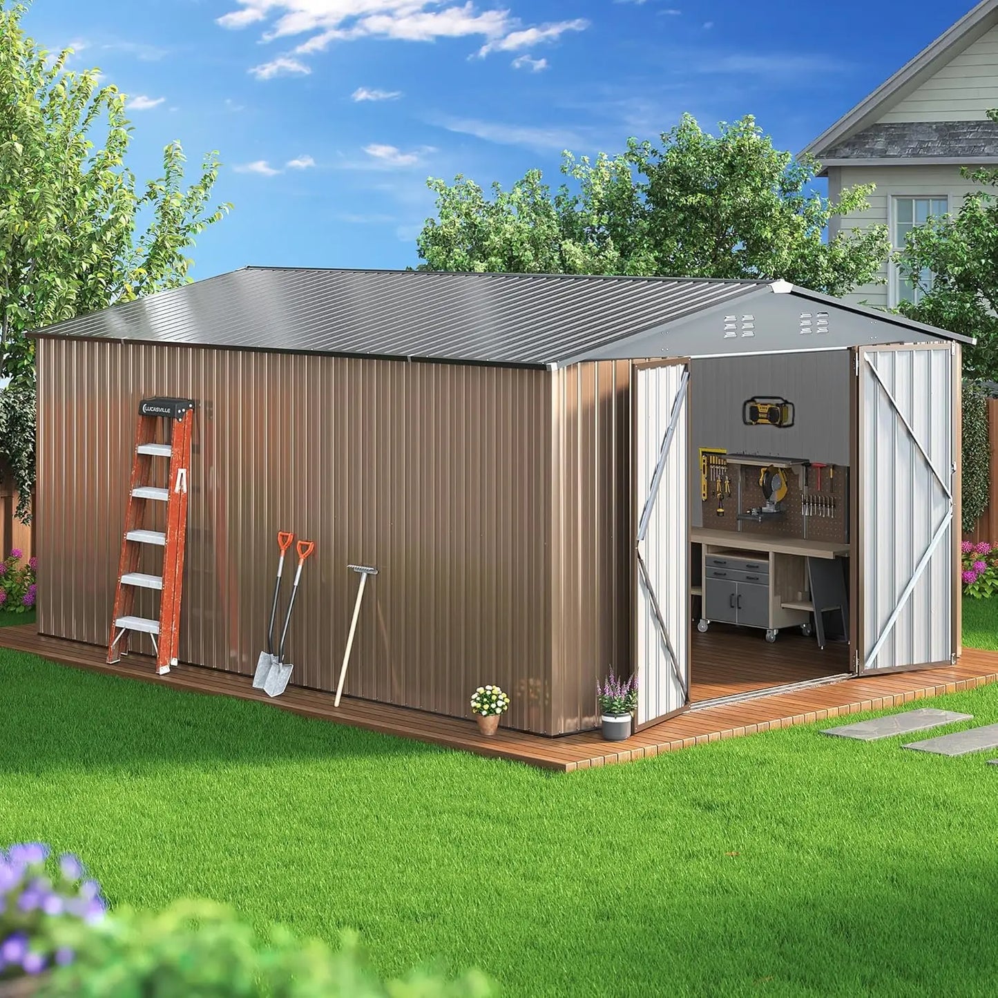 Outdoor Metal Storage Shed With Lockable Doors And Upgraded Frame