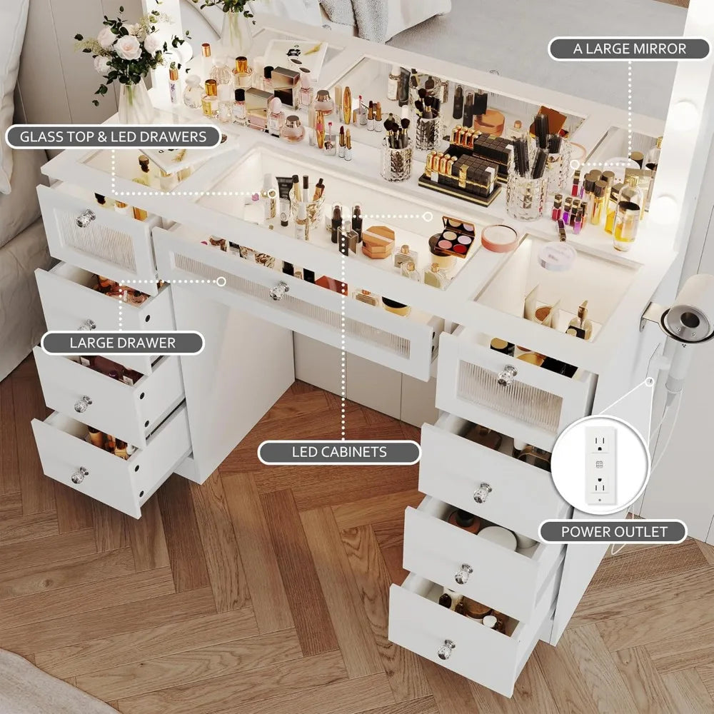 Makeup Vanity Desk With Lights And Large Mirror Glass Top With Charging Station
