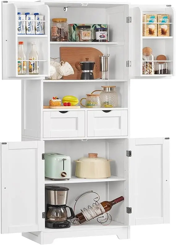 Kitchen Pantry Cabinet With Adjustable Shelves 2 Drawers And 4 Door Shelves