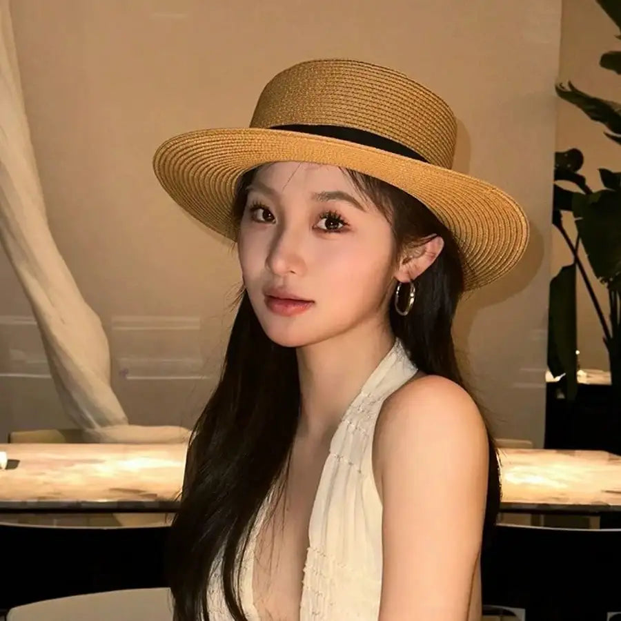 Women Straw French Chic Boater Sun Hat For Outdoor Summer