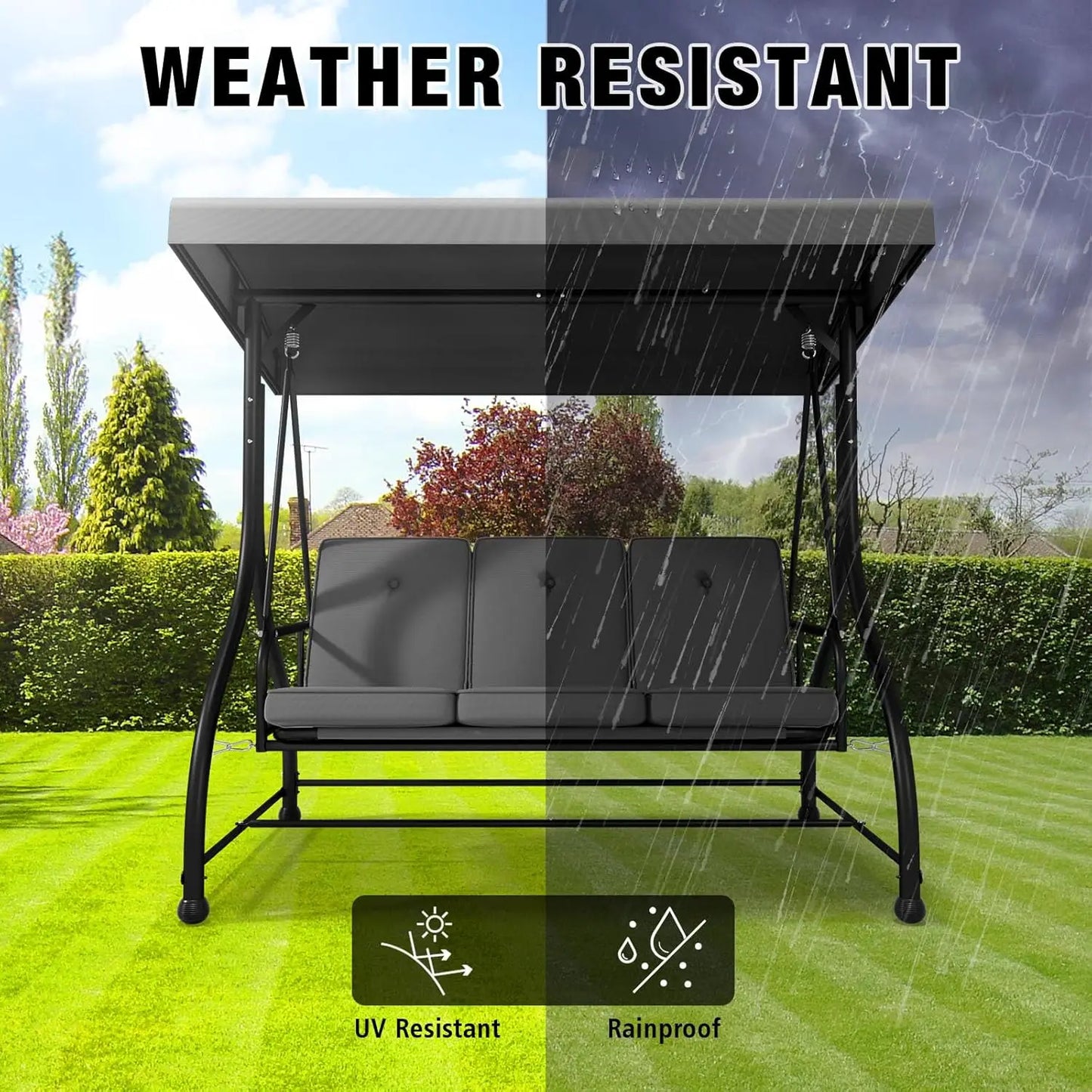 Outdoor Three Seat Patio Swing With Adjustable Canopy