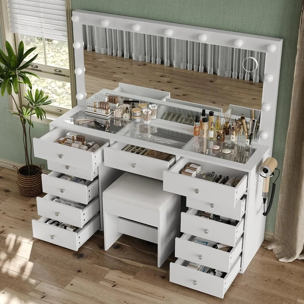 11-Drawer Makeup Vanity Desk With Charging Station And LED Mirror