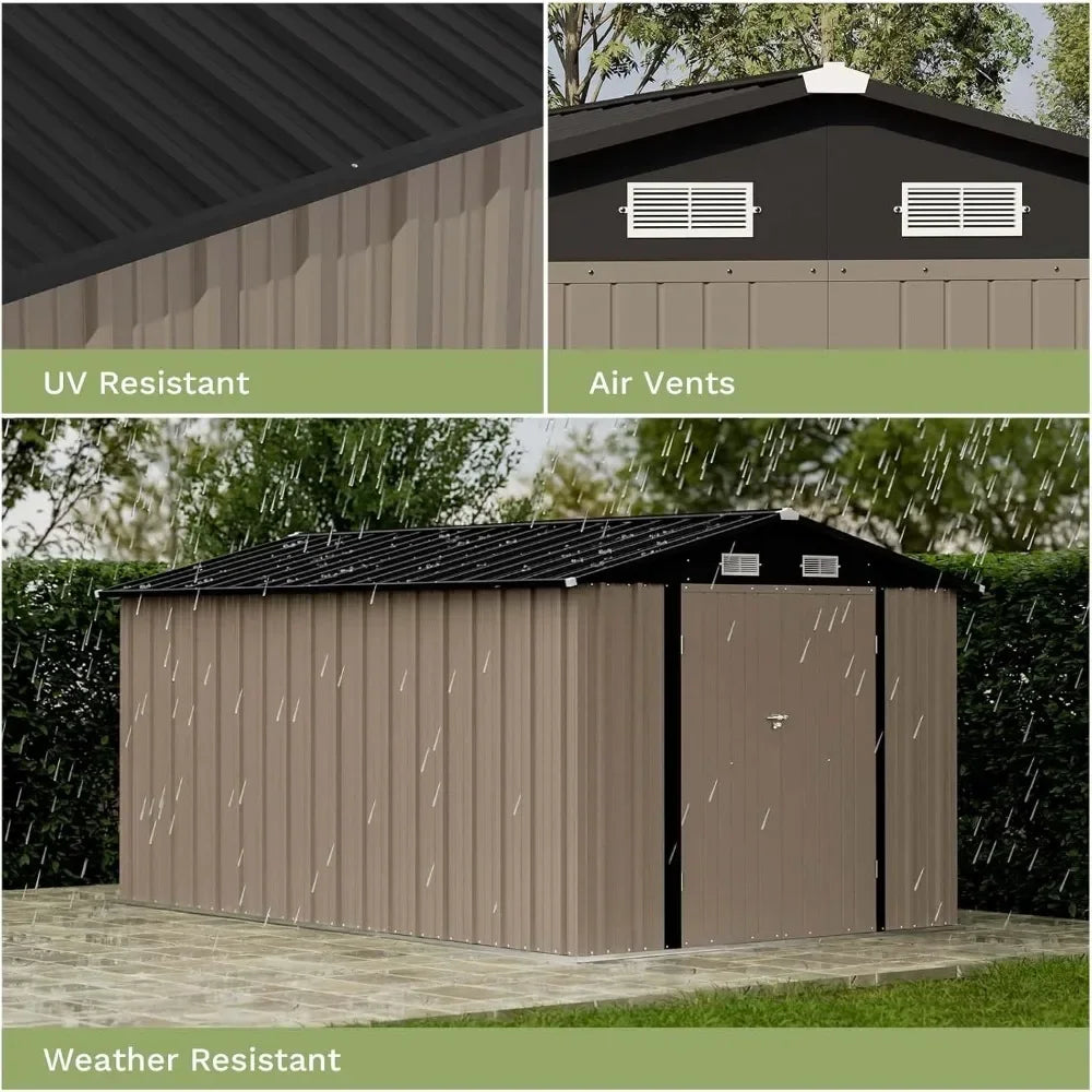 Outdoor Metal Storage Shed With Lockable Doors And Tool Storage