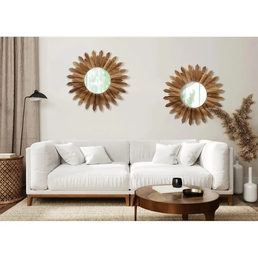 Boho Sunburst Wall Mirror Rustic Wood Decor Two Pack