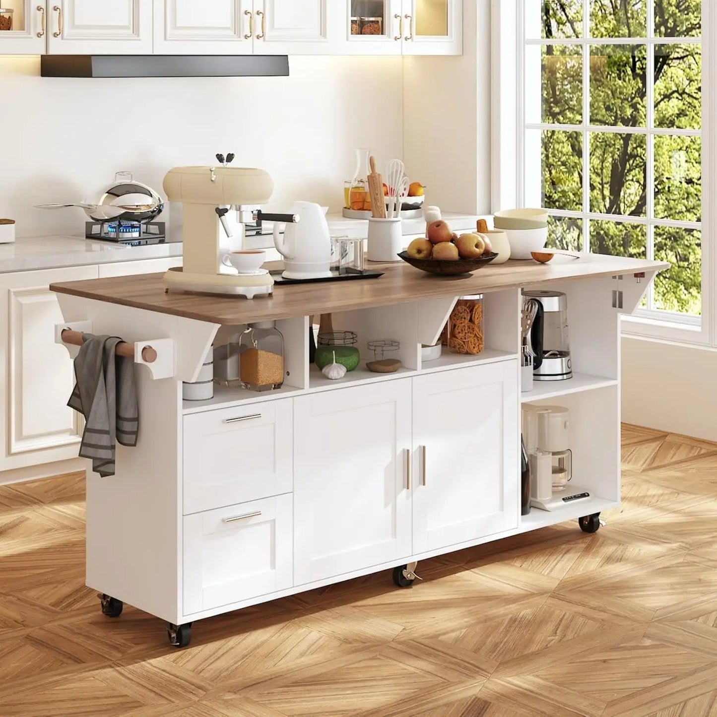 Rolling Kitchen Island Cart With Storage On Wheels Drop Leaf And Two Drawers