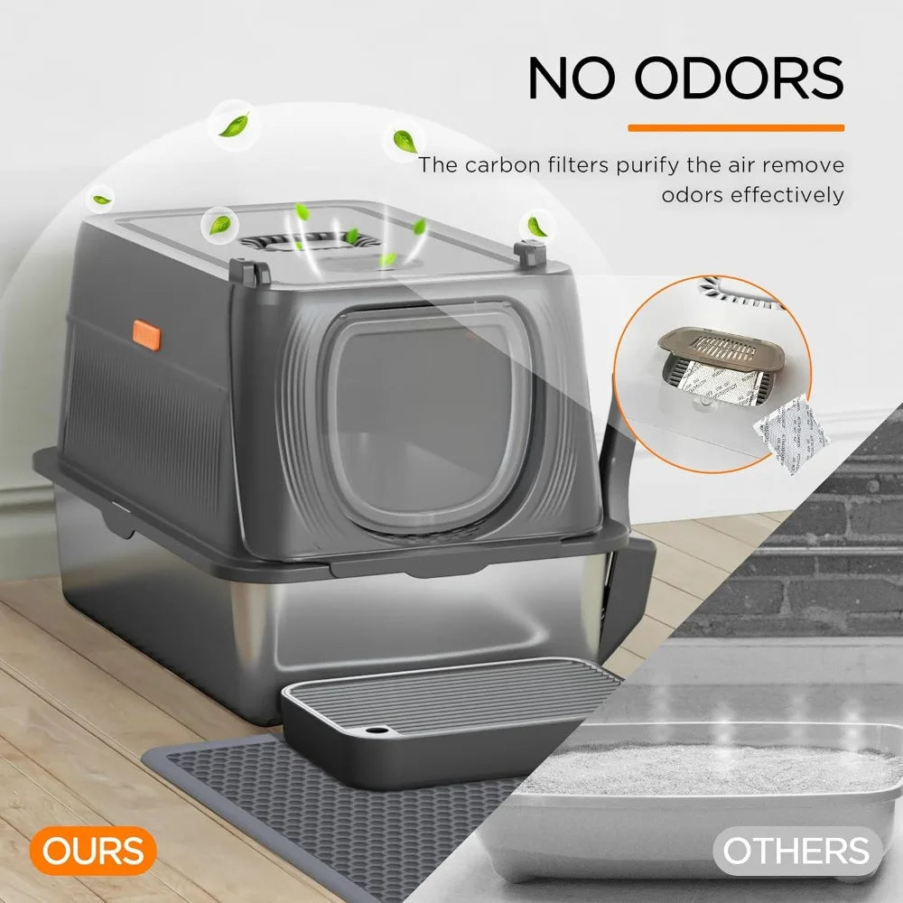 XIUWO Stainless Steel Enclosed Litter Box With Lid Scoop Mat