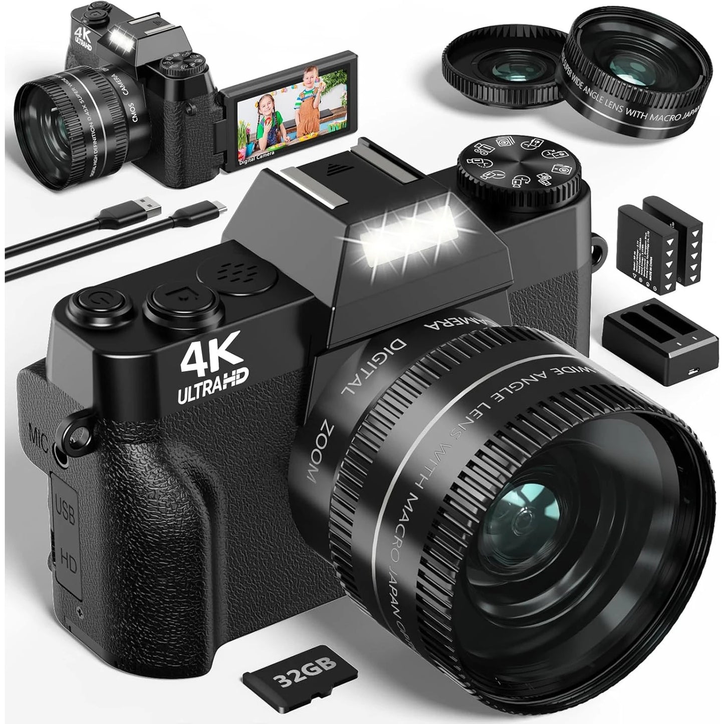 4K Digital Camera With 16x Zoom 64MP WiFi Flip Screen
