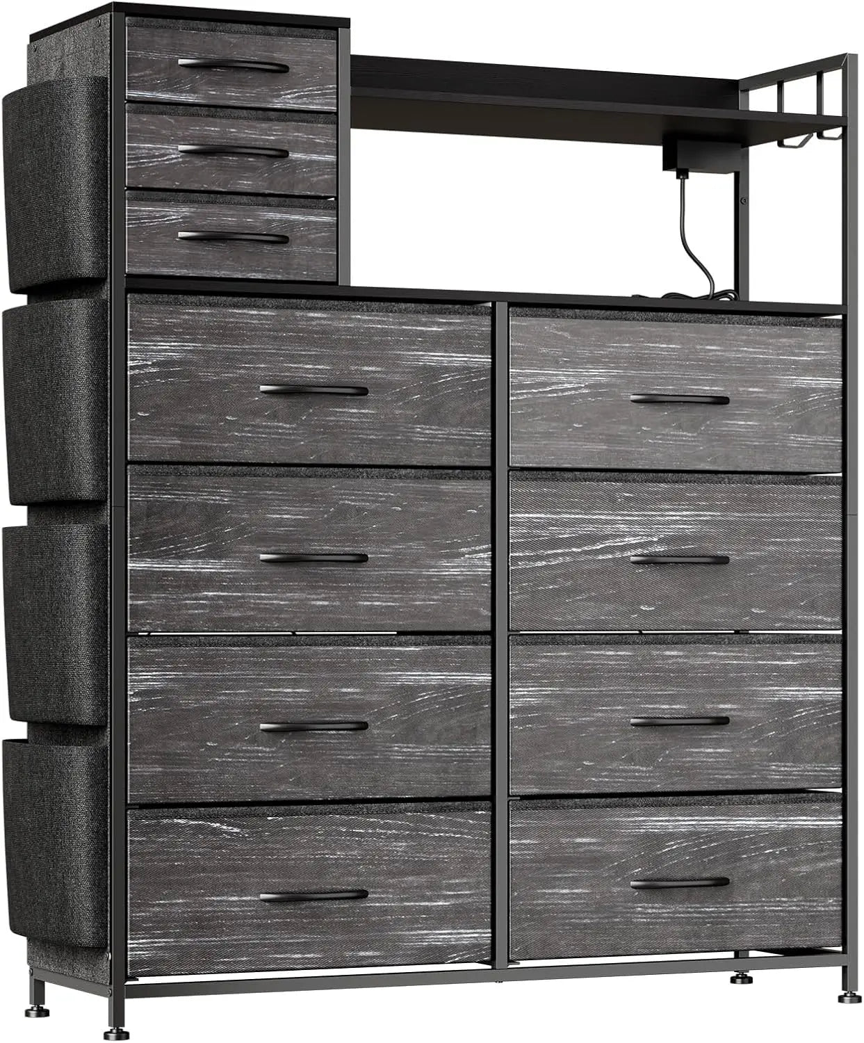 Storage Dresser With 11 Fabric Drawers, LED Lights, Wood Top