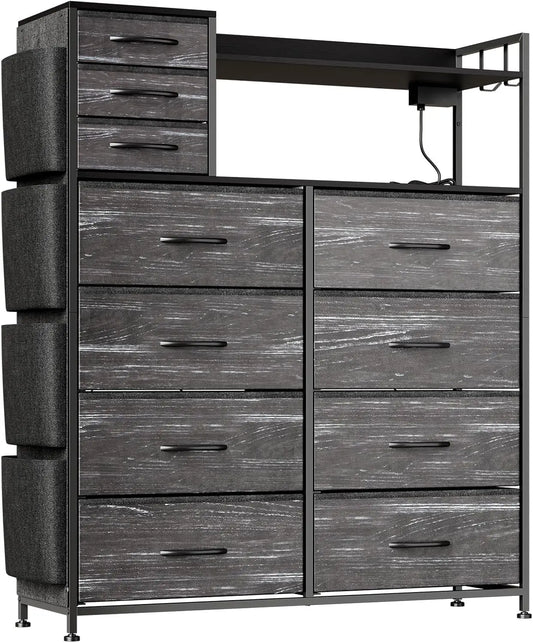 Storage Dresser With 11 Fabric Drawers, LED Lights, Wood Top