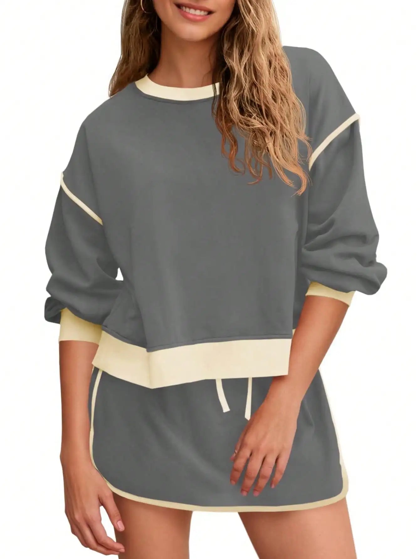 Fisoew Women's 2 Piece Crewneck Sweatshirt Skort Sweatsuit Lounge Set