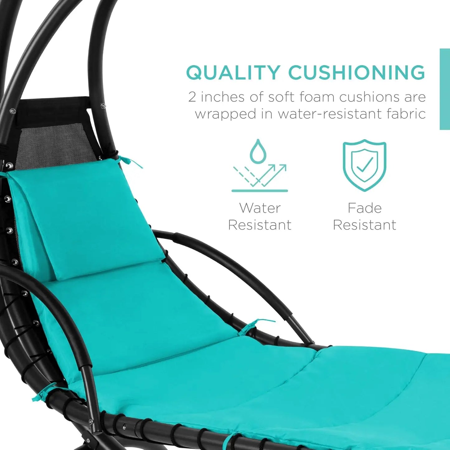 Curved Steel Outdoor Hanging Chaise Lounge With Built In Pillow And Canopy