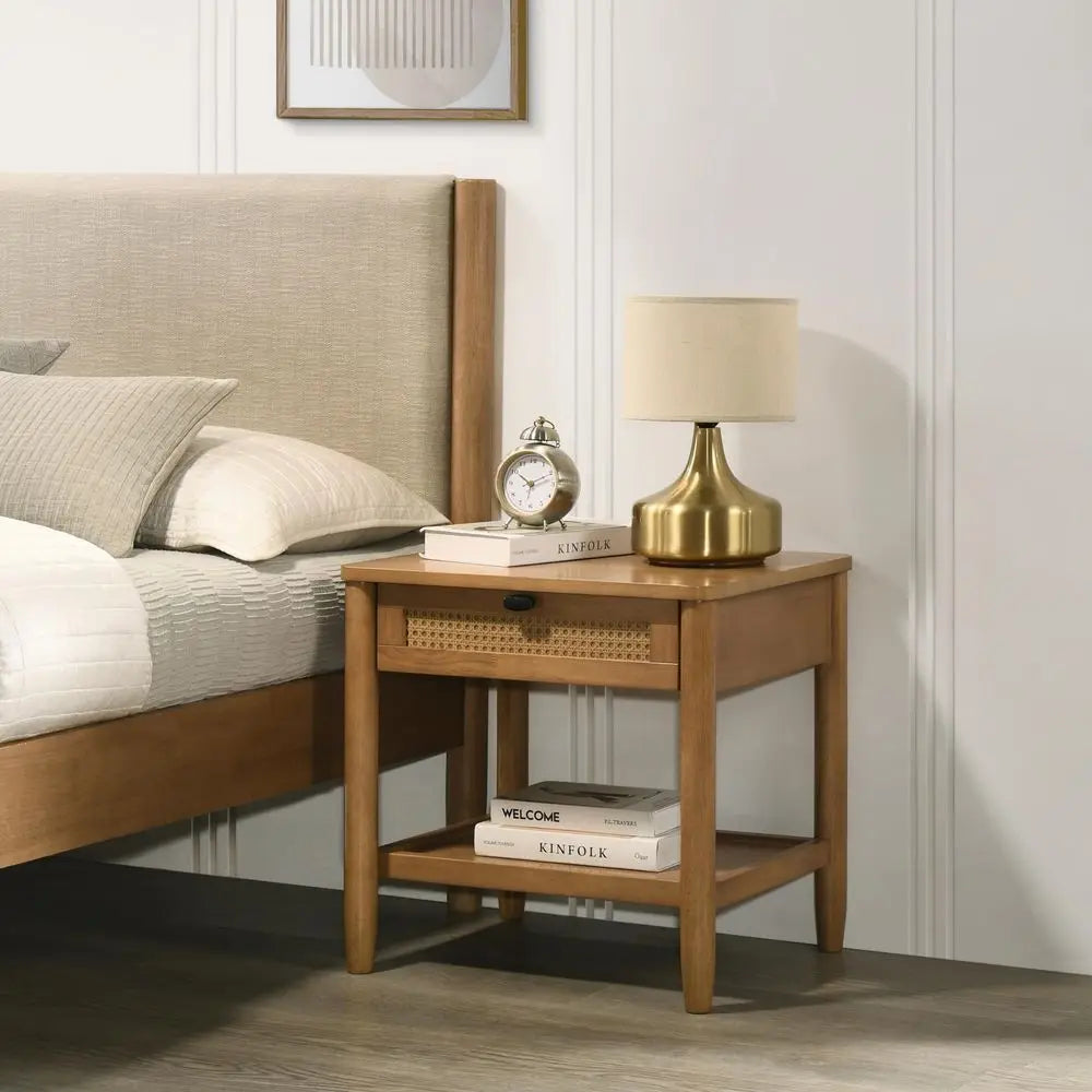 YTYIN Vichy Rubberwood Bedroom Set With Upholstered Bed And Nightstand