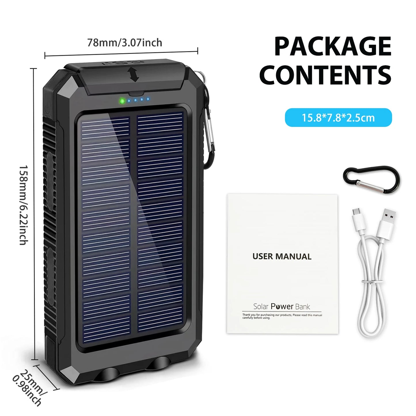 30000mAh Solar Power Bank With Dual USB Ports And LED Light For iPhone