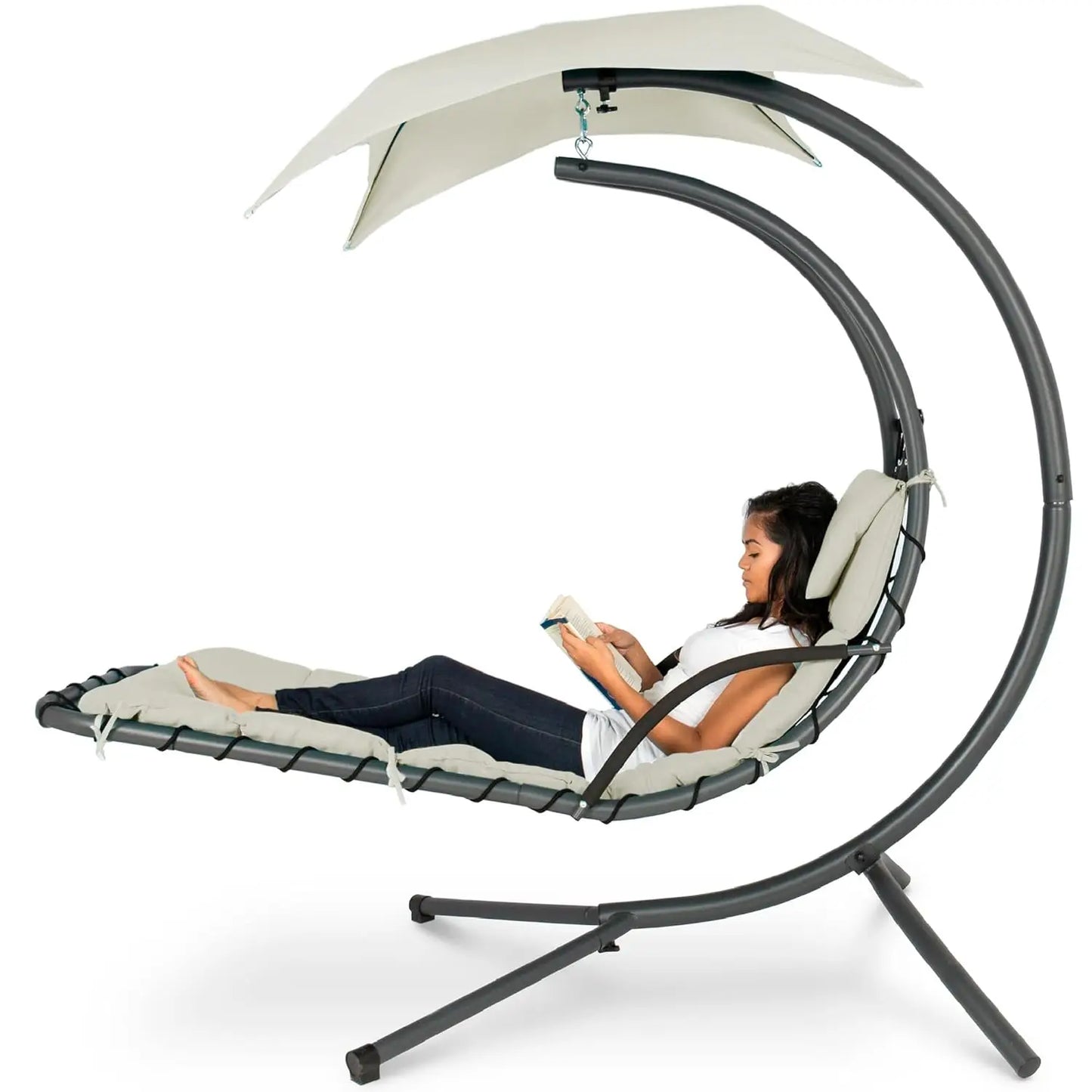 Curved Steel Outdoor Hanging Chaise Lounge With Built In Pillow And Canopy