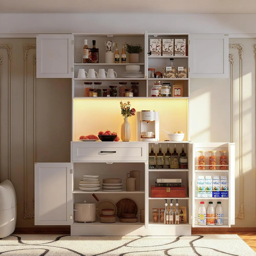 Pantry Cabinet With LED Light And Charging Station Tall Storage