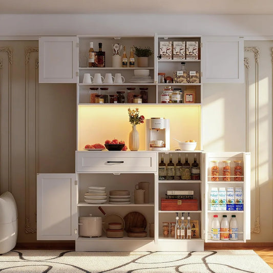 Pantry Cabinet With LED Light And Charging Station Tall Storage