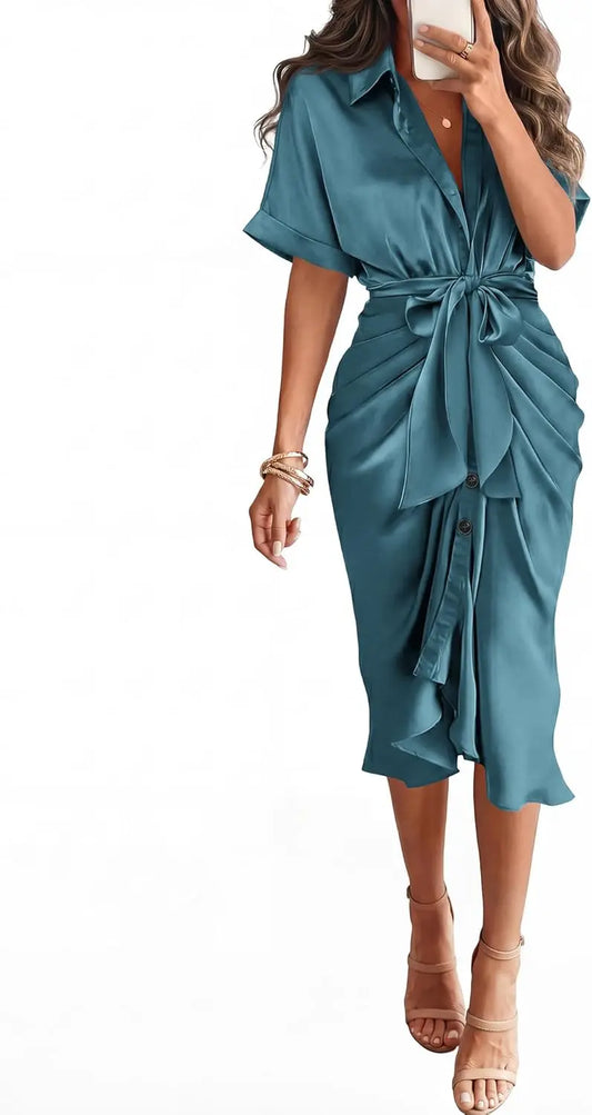 Elegant Women Summer Satin Midi Dress V Neck Short Sleeve