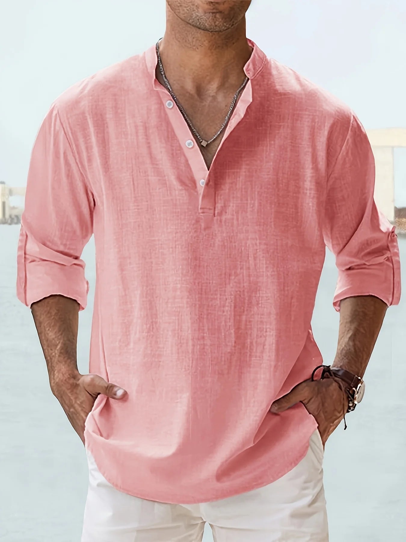 Mens Long Sleeve Cotton Linen Shirt Loose Fit Summer Wear