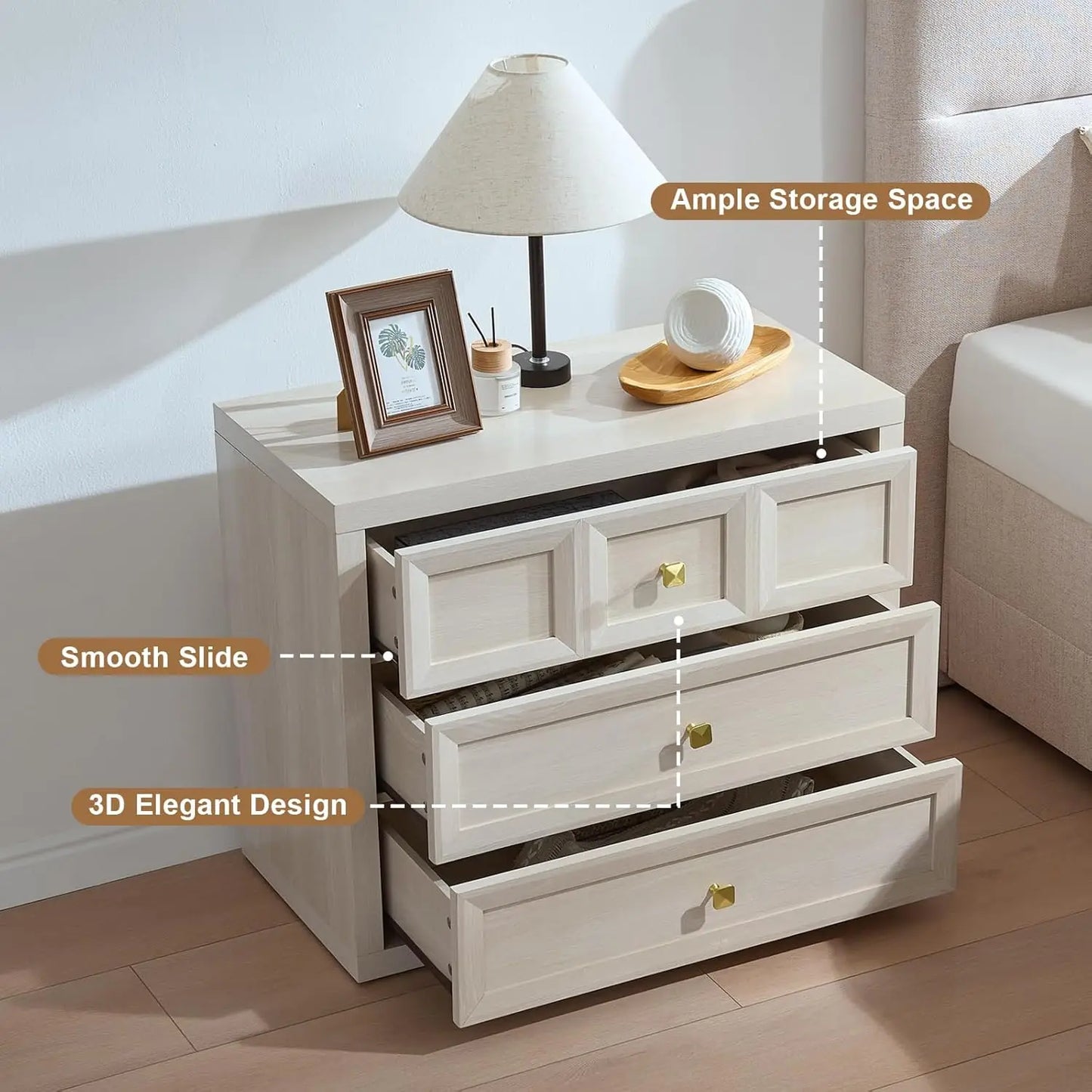 Bedside Nightstand With 3 Drawers And Charging Station