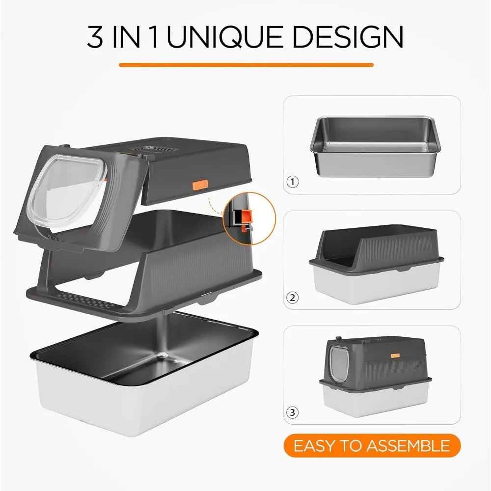 XIUWO Stainless Steel Enclosed Litter Box With Lid Scoop Mat