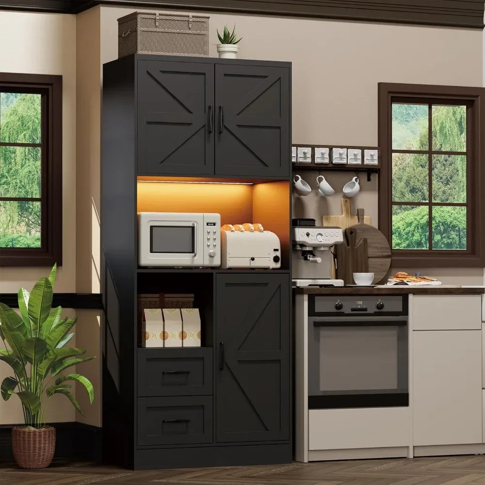 Kitchen Pantry Storage Cabinet With LED Lights And Power Strip