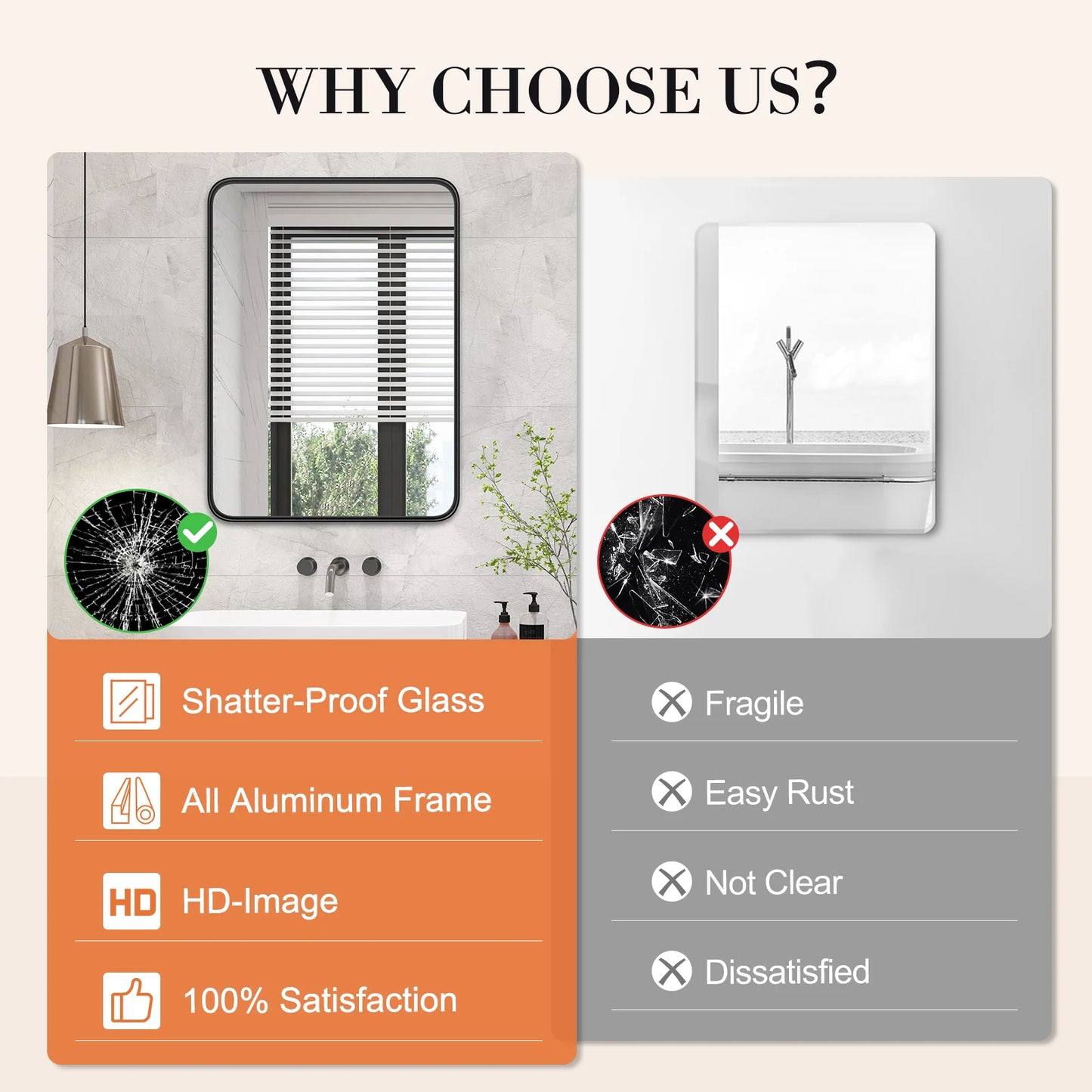 JHK Matte Metal Framed Bathroom Mirror, Wall Mount, Rectangular, Tempered