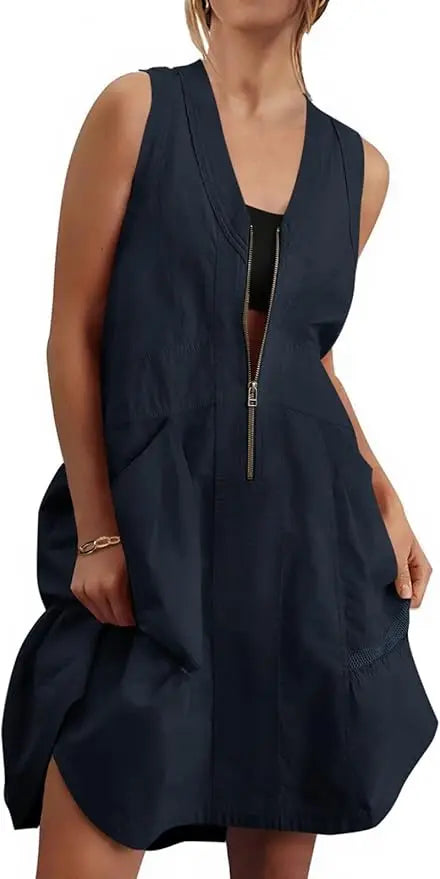Fisoew Women Sleeveless V Neck Summer Dress With Convenient Pockets