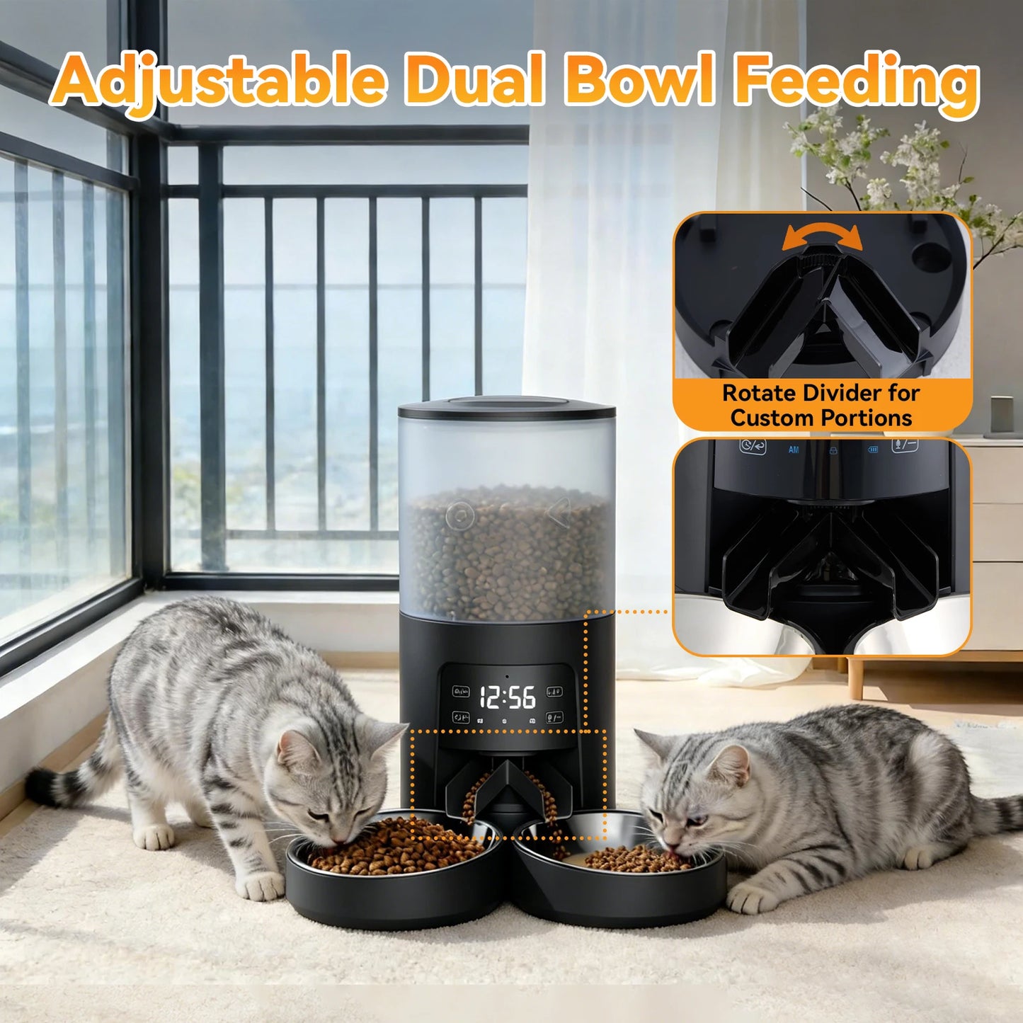 JHK Automatic Cat Feeder With Two Stainless Bowls And Timed Dispenser