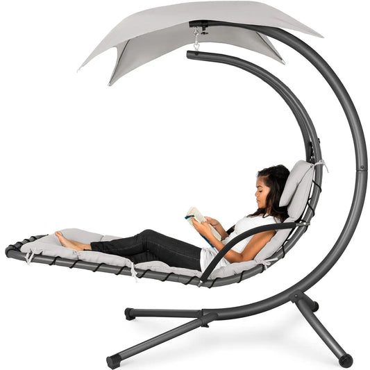 Curved Steel Outdoor Hanging Chaise Lounge With Built In Pillow And Canopy