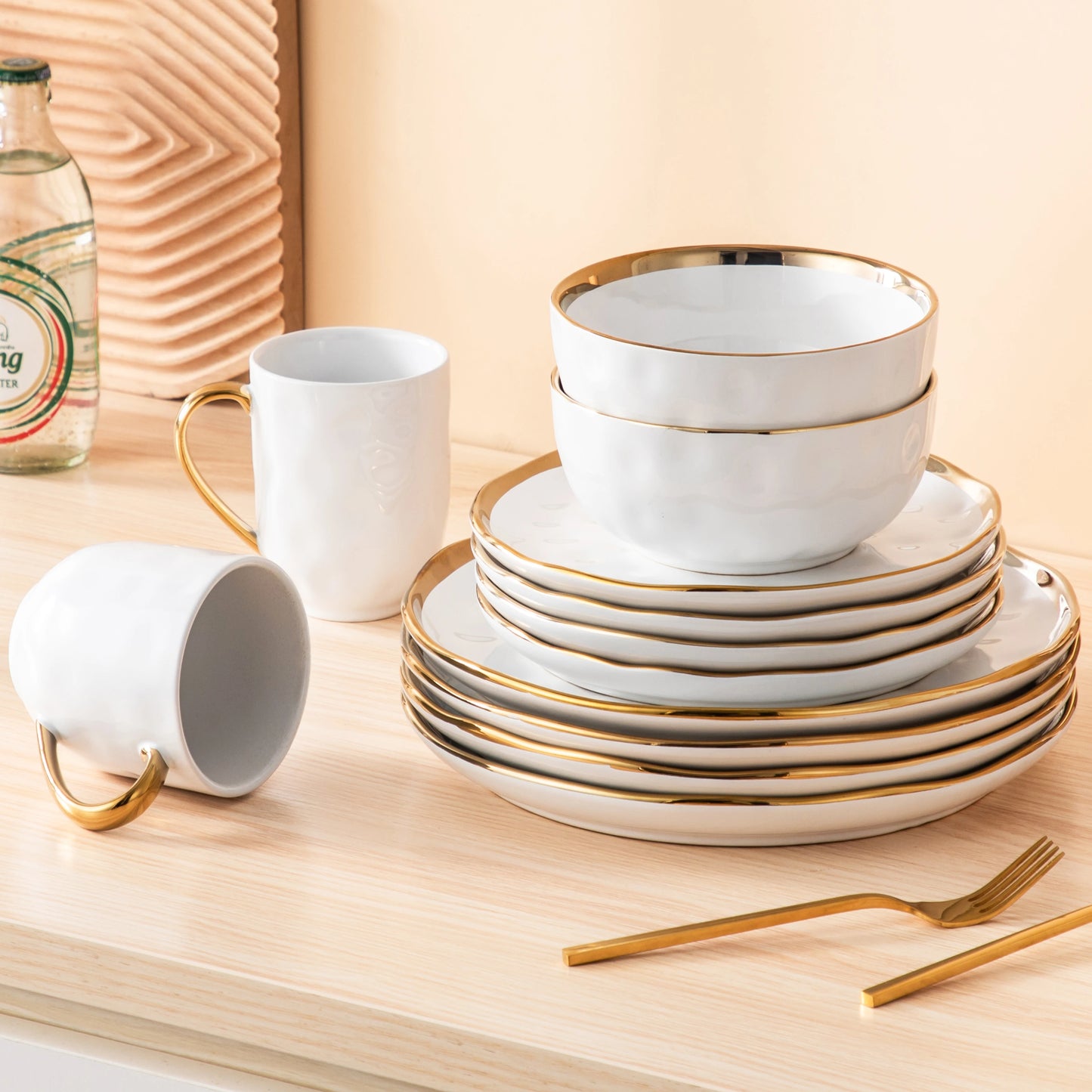 MALACASA White Handmade Stoneware Dinnerware Set With Gold Trim