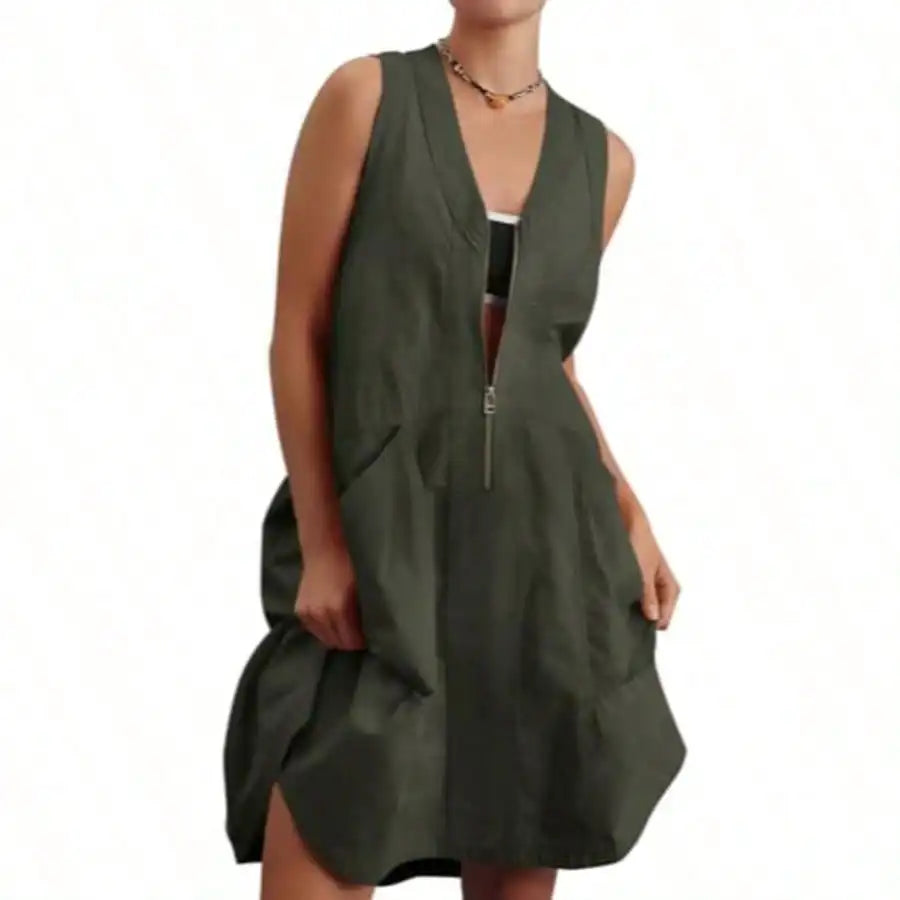 Fisoew Women Sleeveless V Neck Summer Dress Mesh Back Pockets